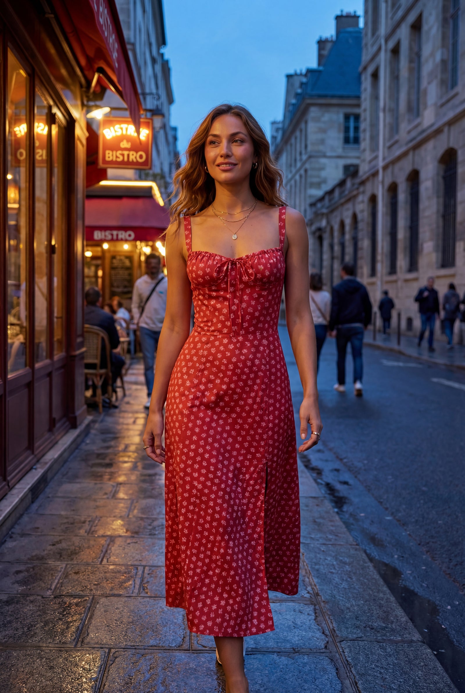 Red Floral Ruched Bust A-line Sundress with Front Slit - A-line sundresses - Photo 20