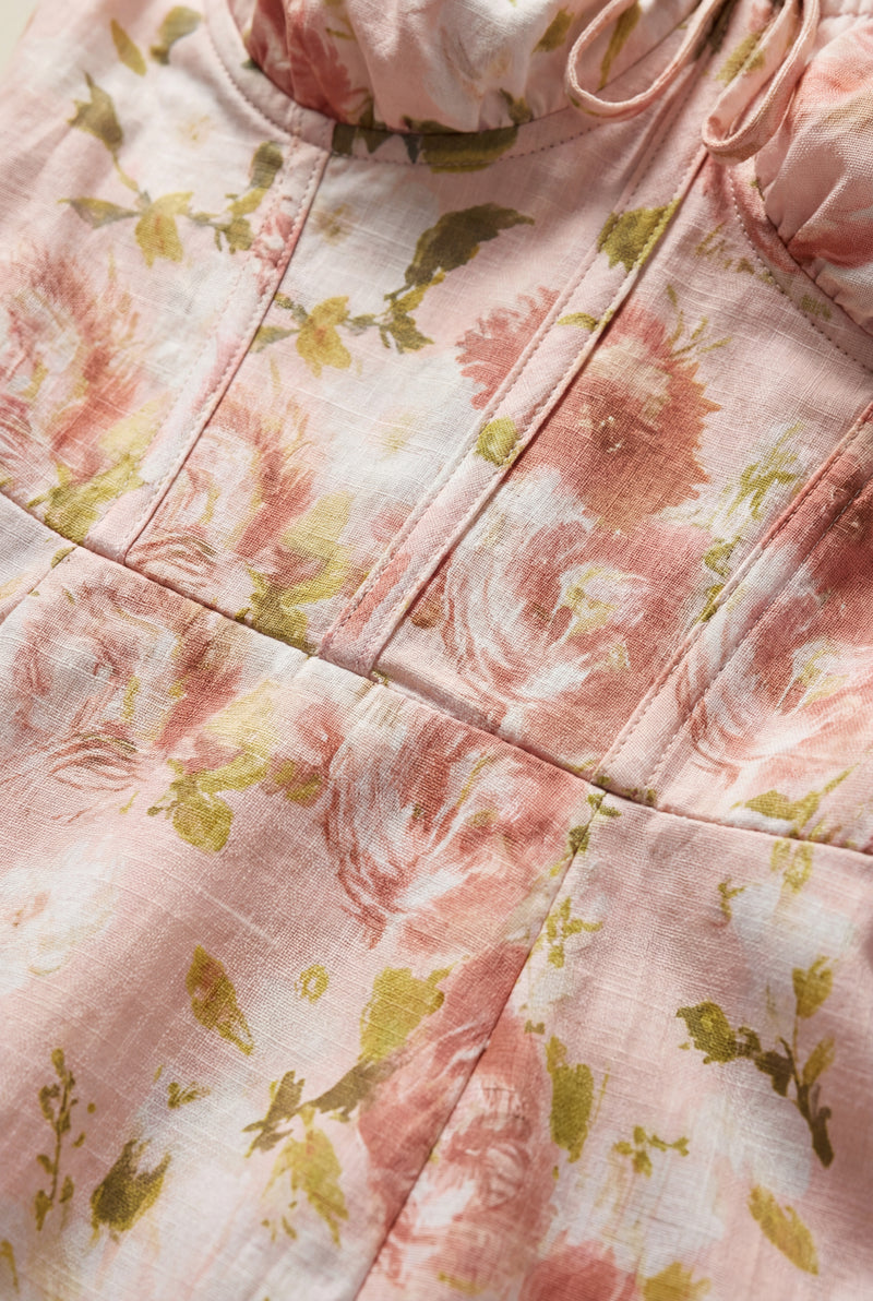 Baby Pink Floral Ruched Bust A-line Sundress with Front Slit - A-line sundresses - Photo 3