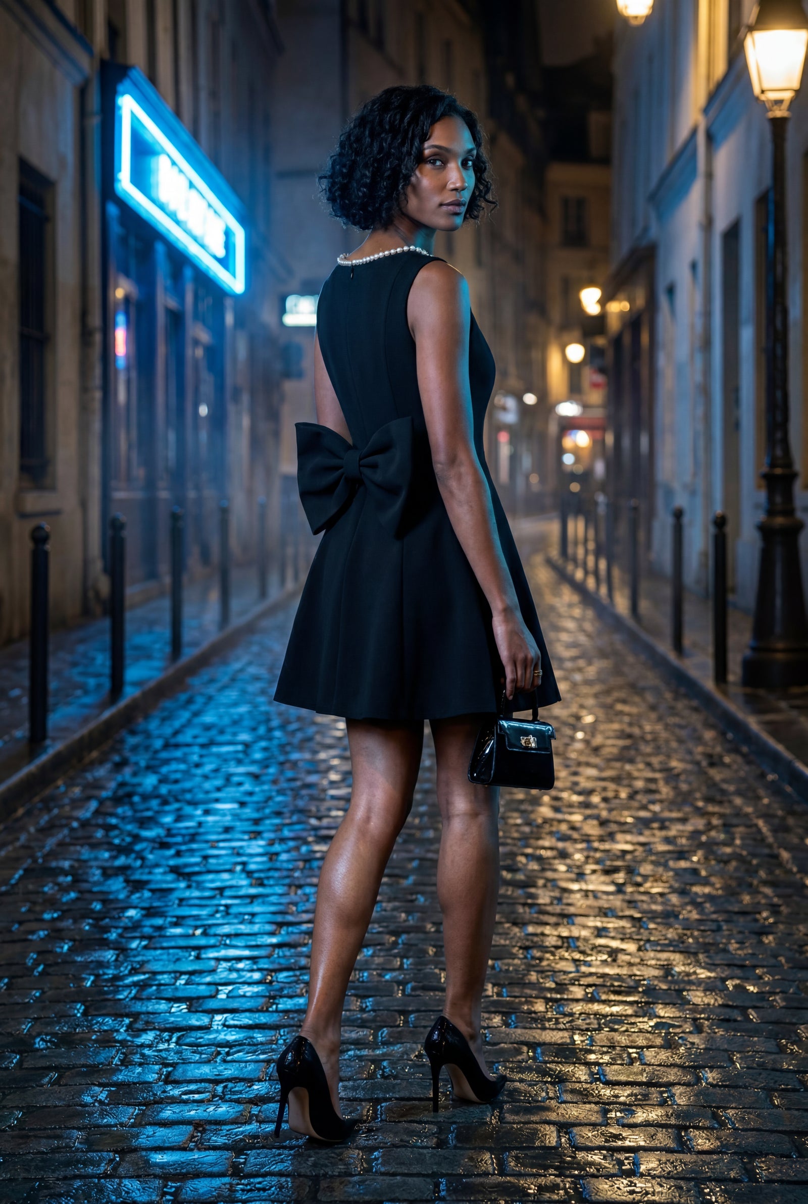 Black Pearl-trim Bow Back Fit-and-flare Mini Dress - Photo 14