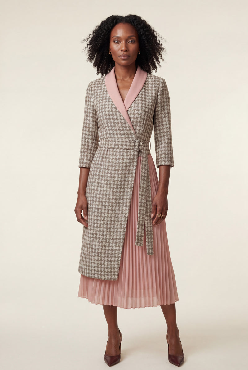 Baby Pink Pleated Wrap Blazer Dress with Three-quarter Sleeves - Photo 1