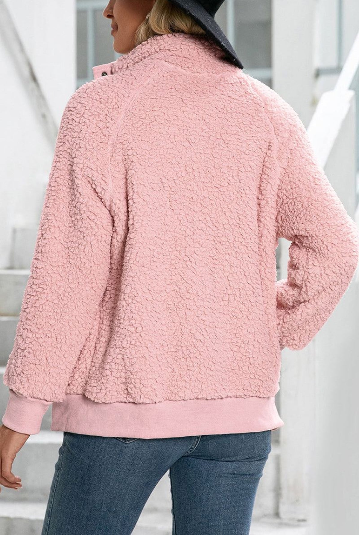 Sherpa Snap-Front Bomber Jacket in Baby Pink — back