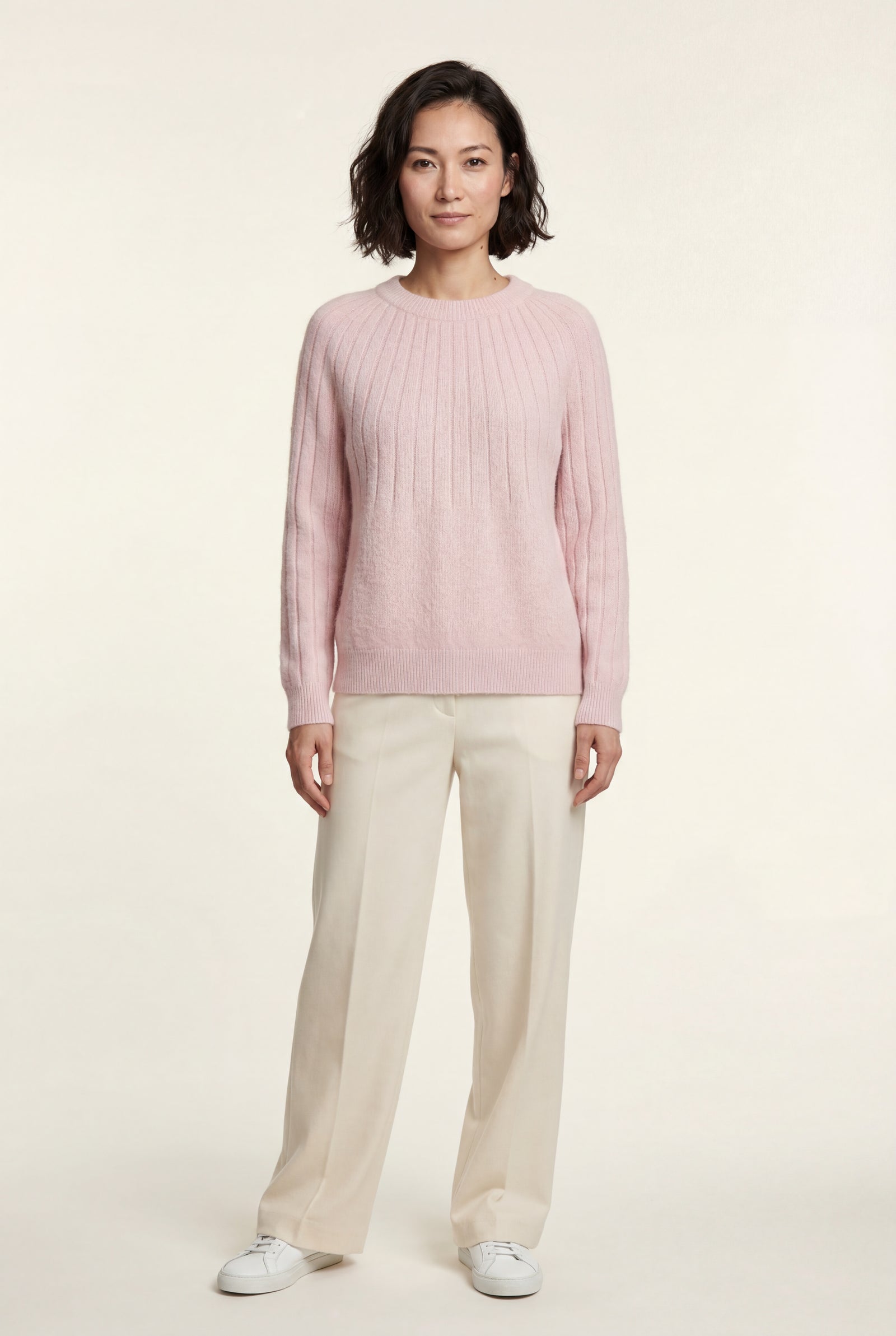 Baby Pink Vertical Ribbed Crewneck Relaxed Fit Sweater - Knit sweater - Photo 4