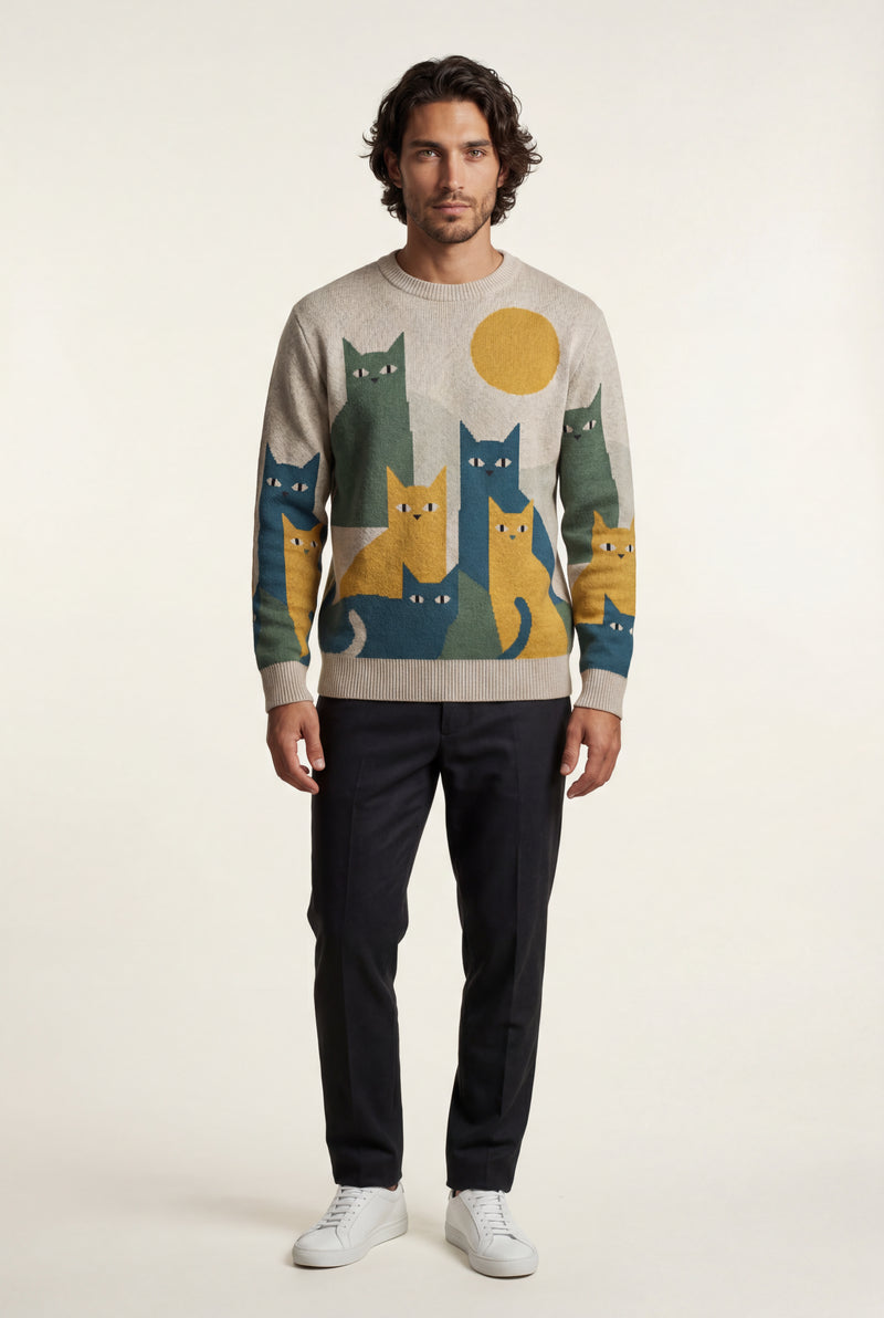 Beige Abstract Cat Graphic Crew Neck Long Sleeve Sweater - Photo 1