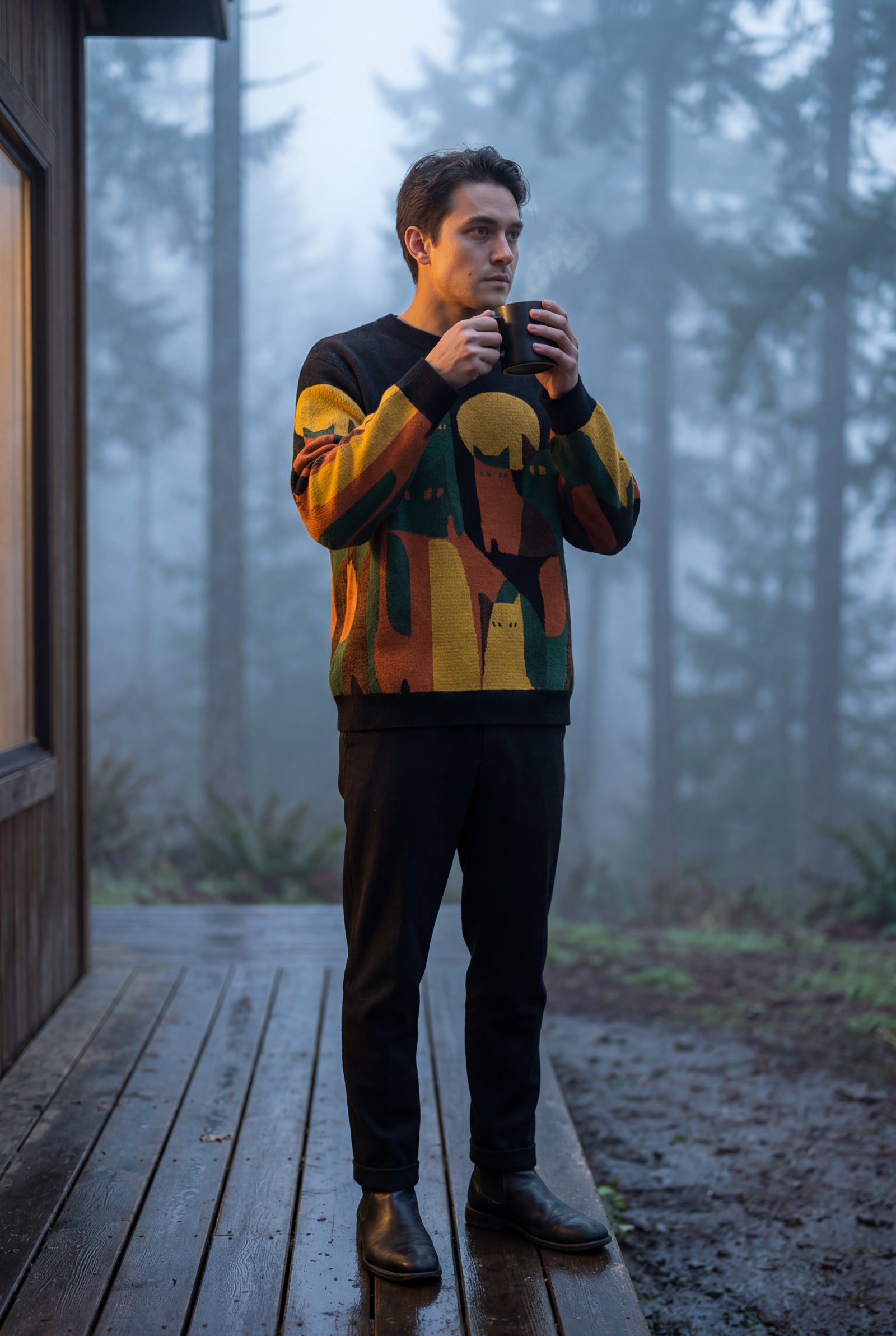 Black Abstract Cat Graphic Crew Neck Long Sleeve Sweater - Photo 7