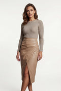 Beige Asymmetric Wrap Front Midi Pencil Skirt with Slit - Midi skirts - Photo 2