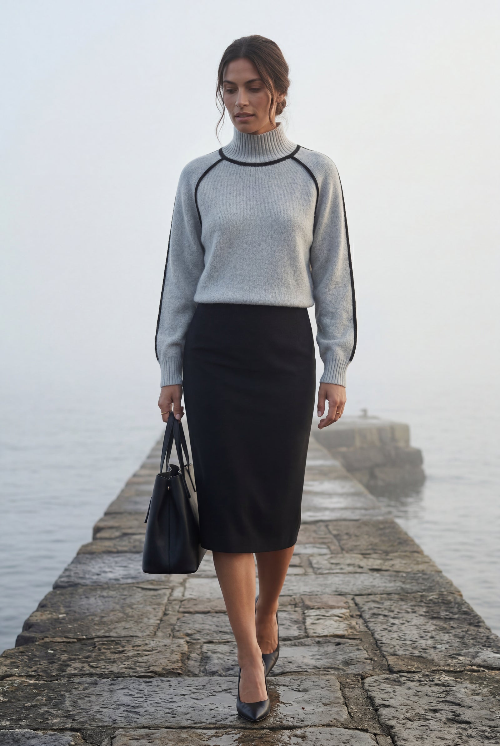 Gray Balloon Sleeve Oversized High Neck Sweater with Piping - Oversized sweater - Photo 13