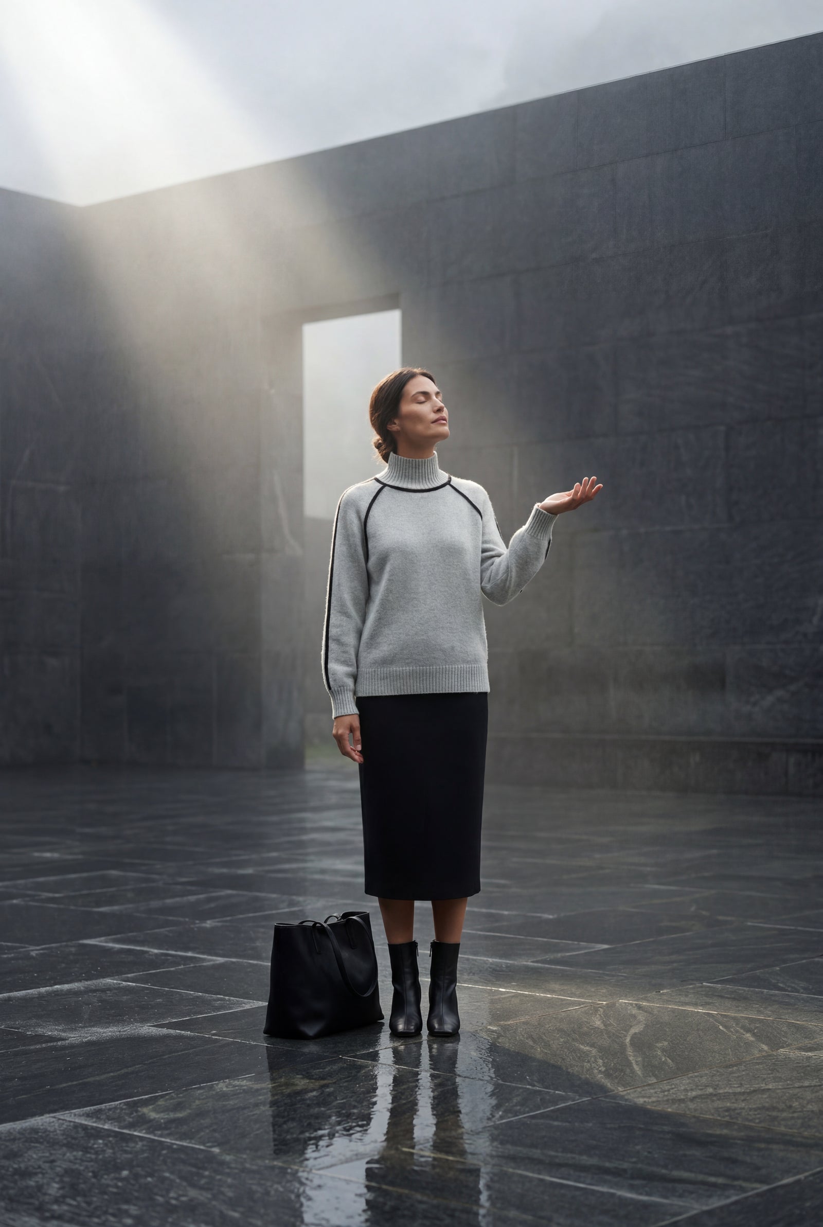 Gray Balloon Sleeve Oversized High Neck Sweater with Piping - Oversized sweater - Photo 15