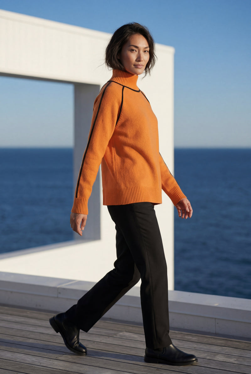 Orange Balloon Sleeve Oversized High Neck Sweater with Piping - Oversized sweater - Photo 4