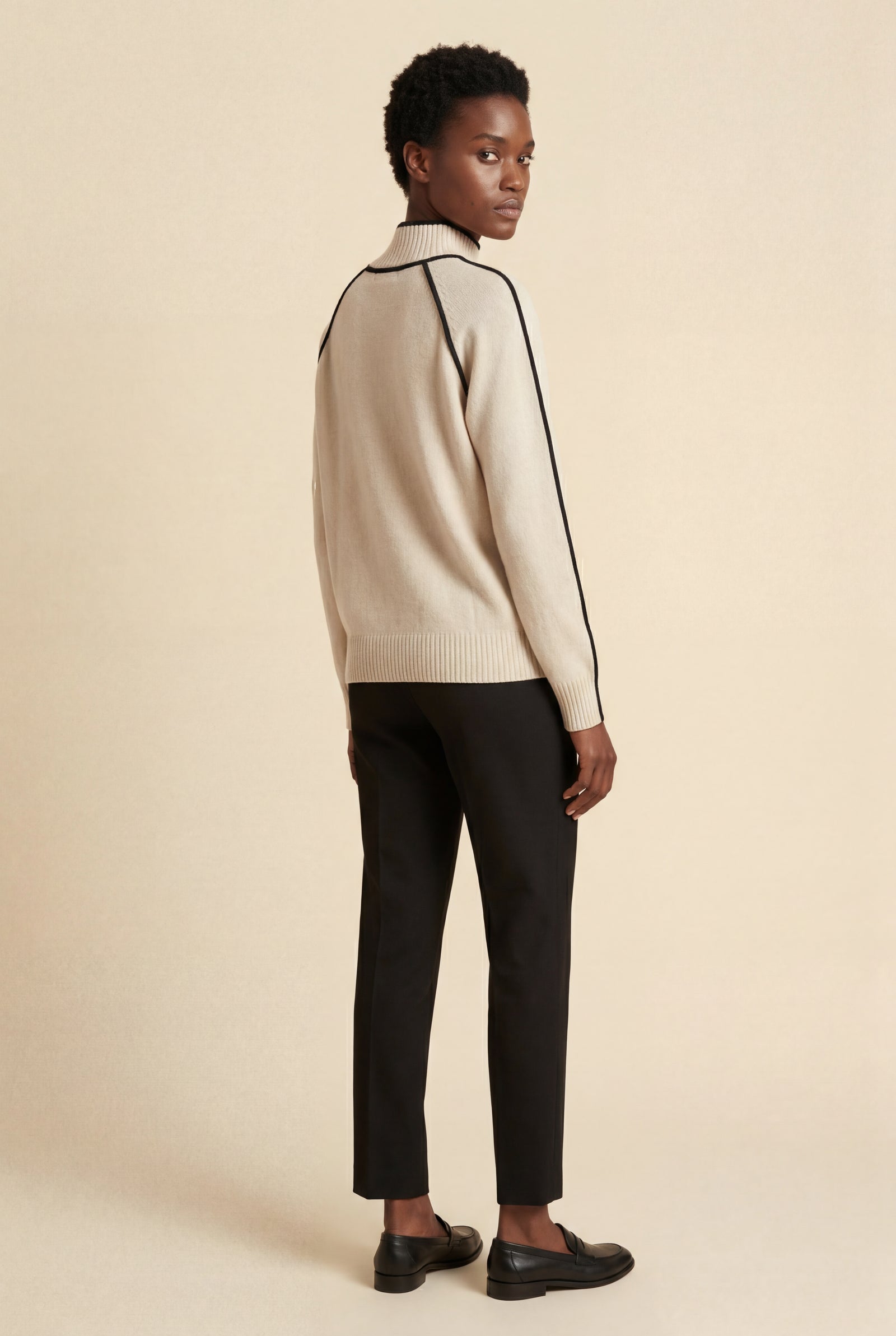 Beige Balloon Sleeve Oversized High Neck Sweater with Piping - Oversized sweater - Photo 8