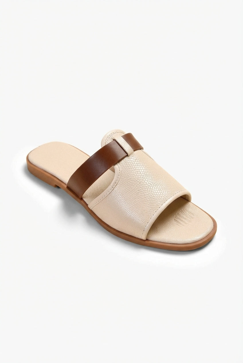 Beige Beige Textured Slide Sandals with Brown Contrast Strap - Open toe sandals - Photo 2