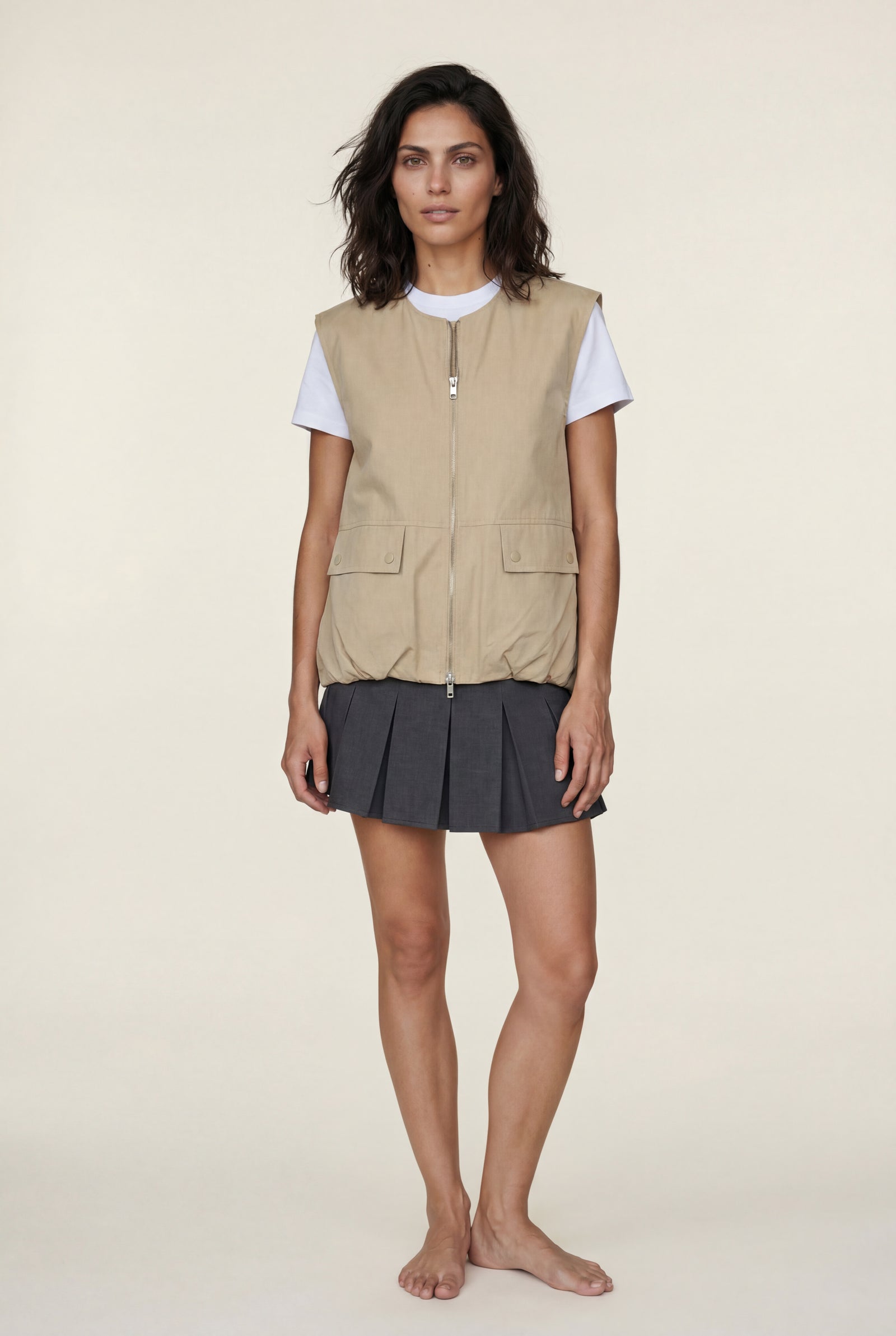 Beige Beige Zip-front Utility Bodywarmer Vest with Flap Pockets - Photo 1