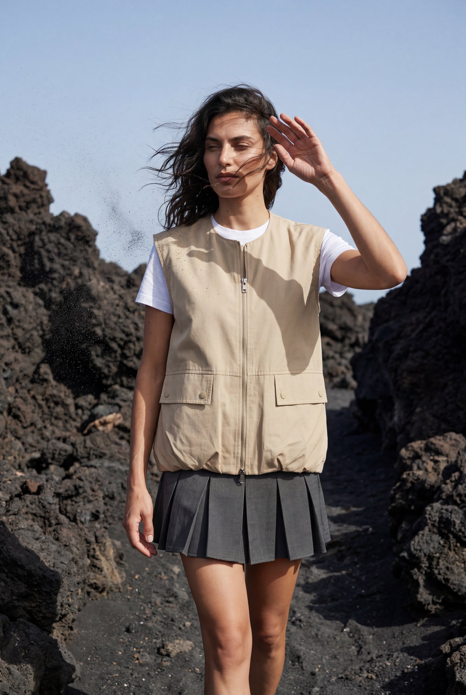 Beige Beige Zip-front Utility Bodywarmer Vest with Flap Pockets - Photo 4