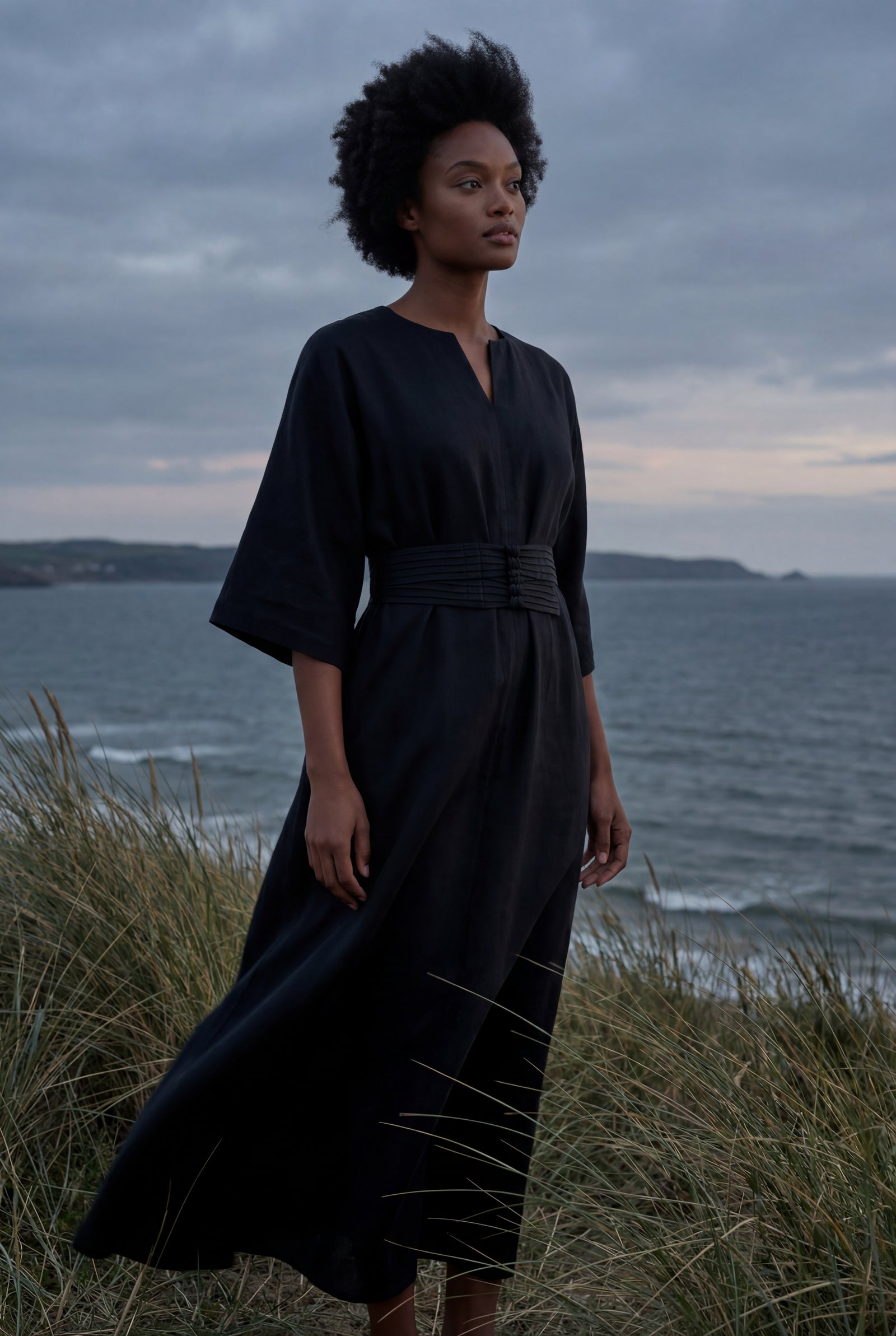 Black Belted Bell Sleeve Midi Maxi Dress with Notched V-neck - Photo 11
