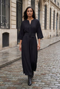 Black Belted Bell Sleeve Midi Maxi Dress with Notched V-neck - Photo 12