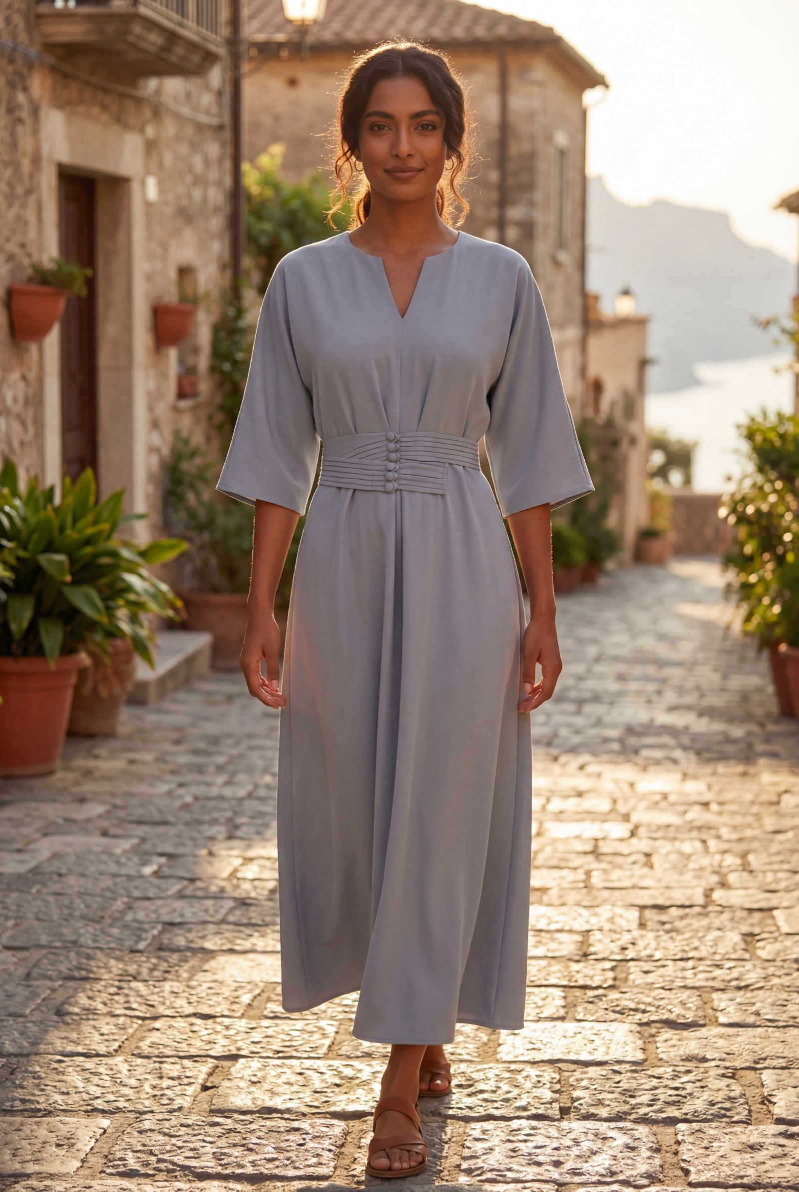Blue Belted Bell Sleeve Midi Maxi Dress with Notched V-neck - Photo 15