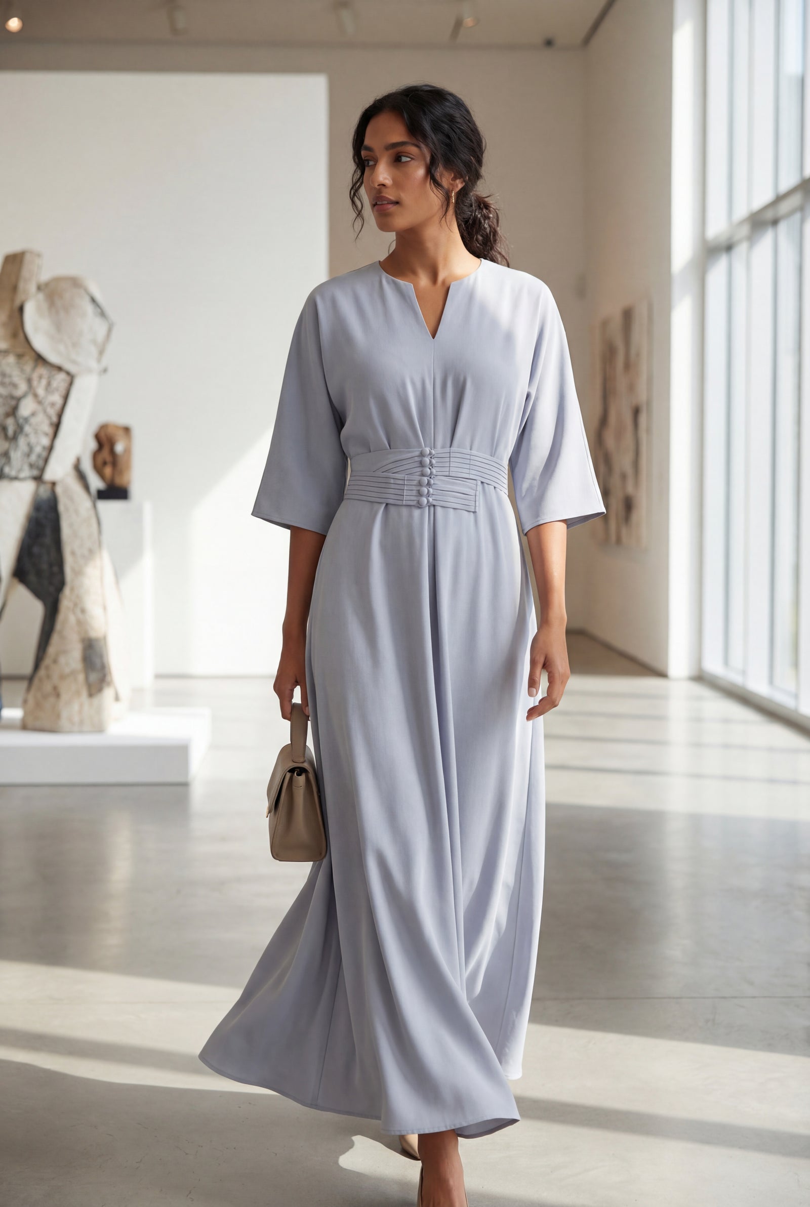 Blue Belted Bell Sleeve Midi Maxi Dress with Notched V-neck - Photo 16