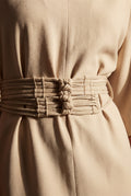 Beige Belted Bell Sleeve Midi Maxi Dress with Notched V-neck - Photo 4