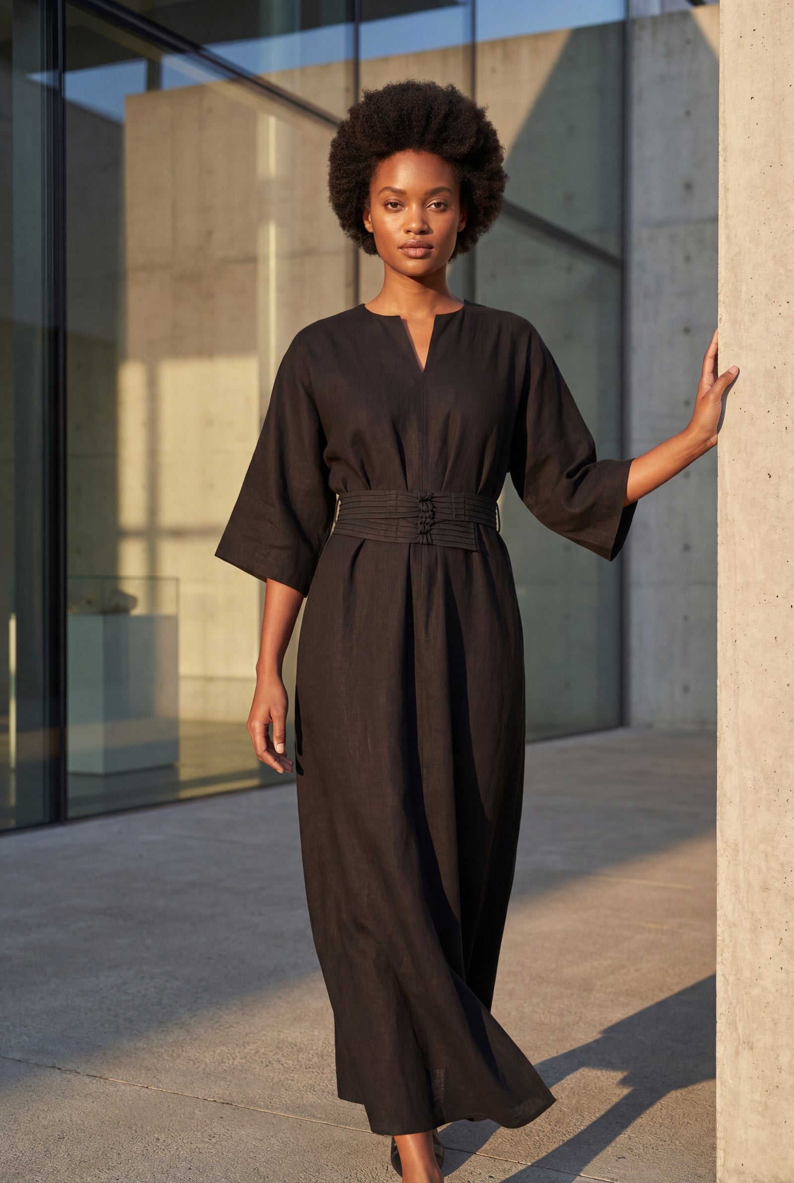 Black Belted Bell Sleeve Midi Maxi Dress with Notched V-neck - Photo 8