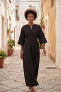 Black Belted Bell Sleeve Midi Maxi Dress with Notched V-neck - Photo 9