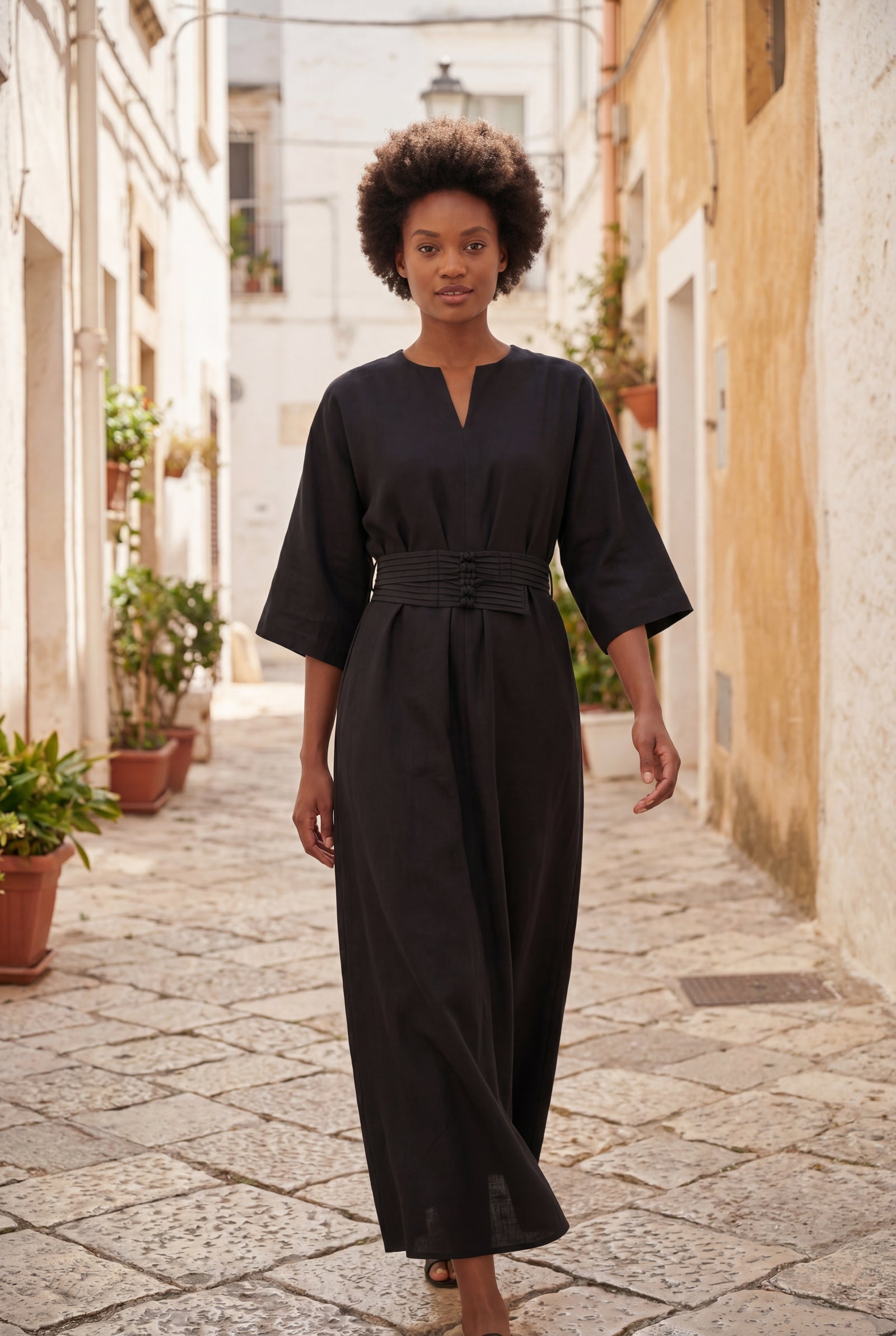 Black Belted Bell Sleeve Midi Maxi Dress with Notched V-neck - Photo 9