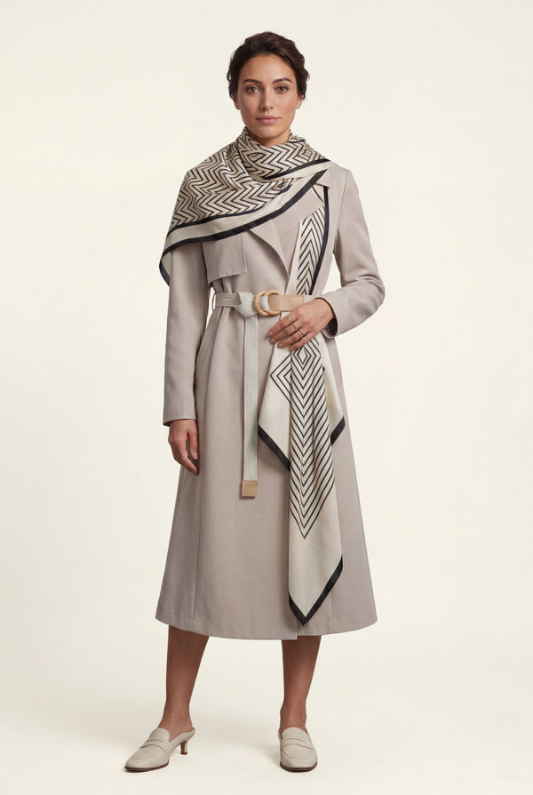 Beige Belted Midi Trench Coat with Geometric Scarf Detail - Trench coats - Photo 1