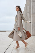 Beige Belted Midi Trench Coat with Geometric Scarf Detail - Trench coats - Photo 8