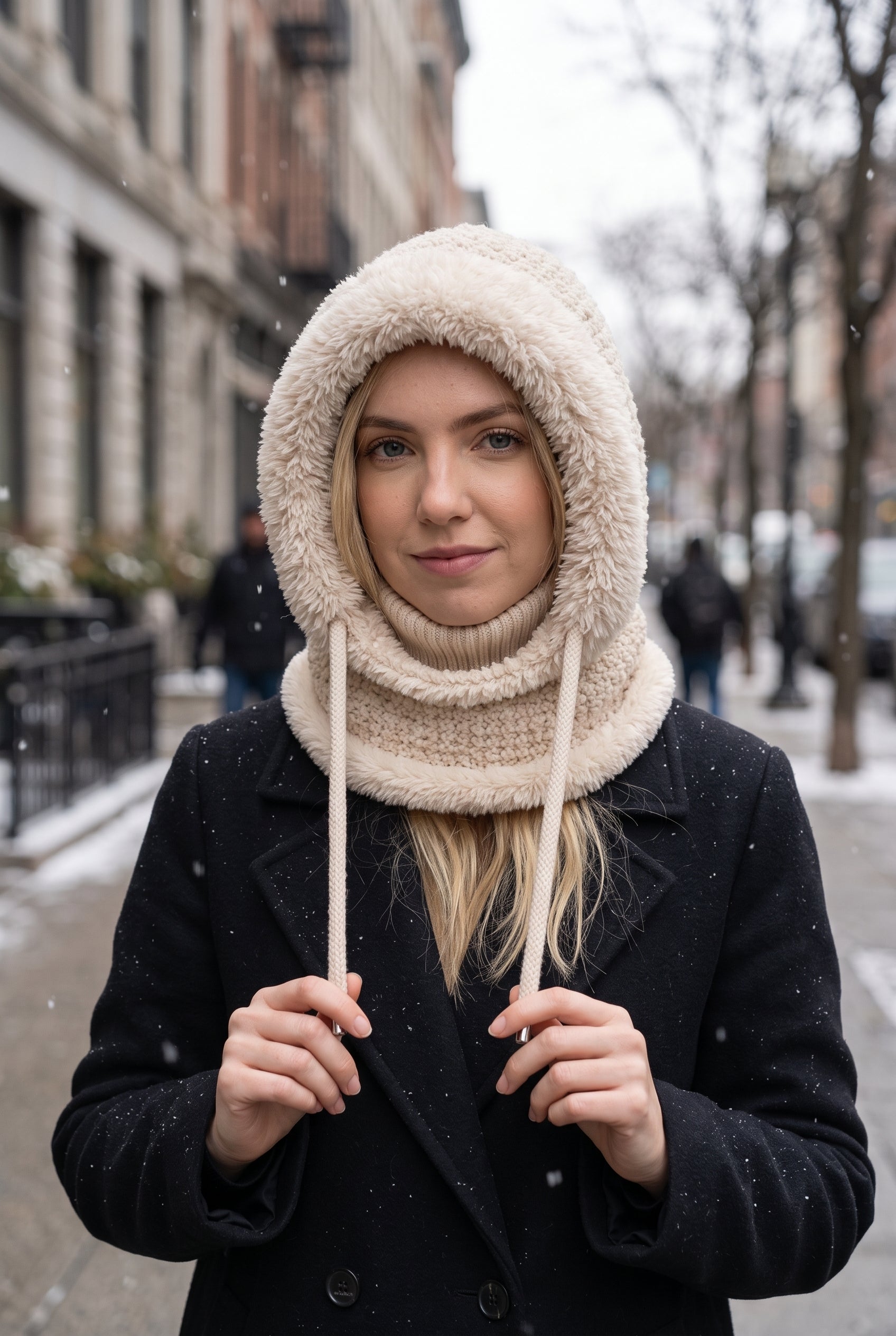 レディース フェイクファー付きブークレニットバラクラバ フード付き