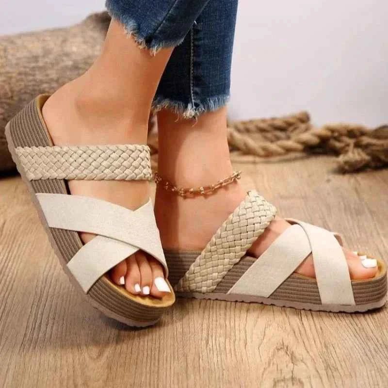 Beige Braided Criss Cross Platform Slide Sandals - Platform sandals - Photo 5