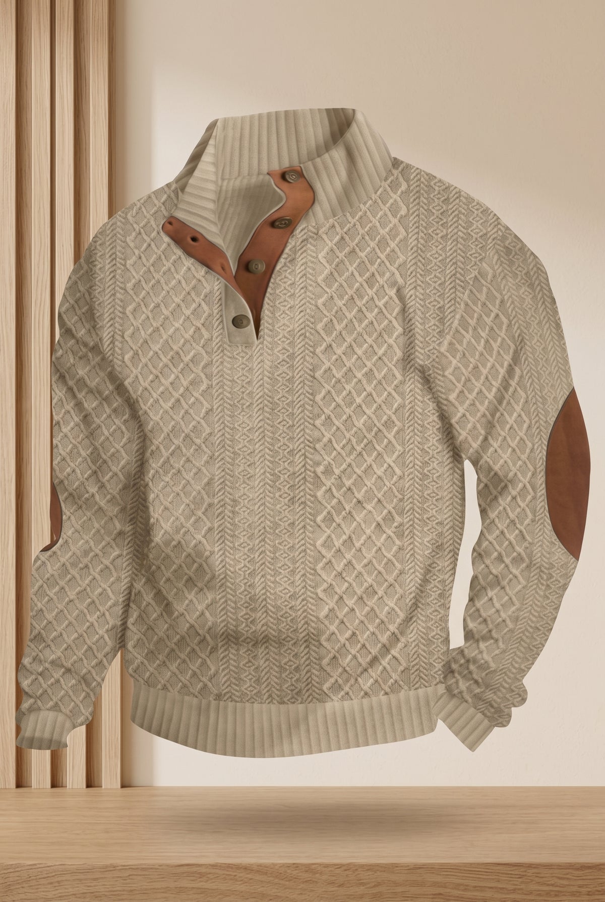 Cable Knit Quarter-Button Sweater in Beige — studio front