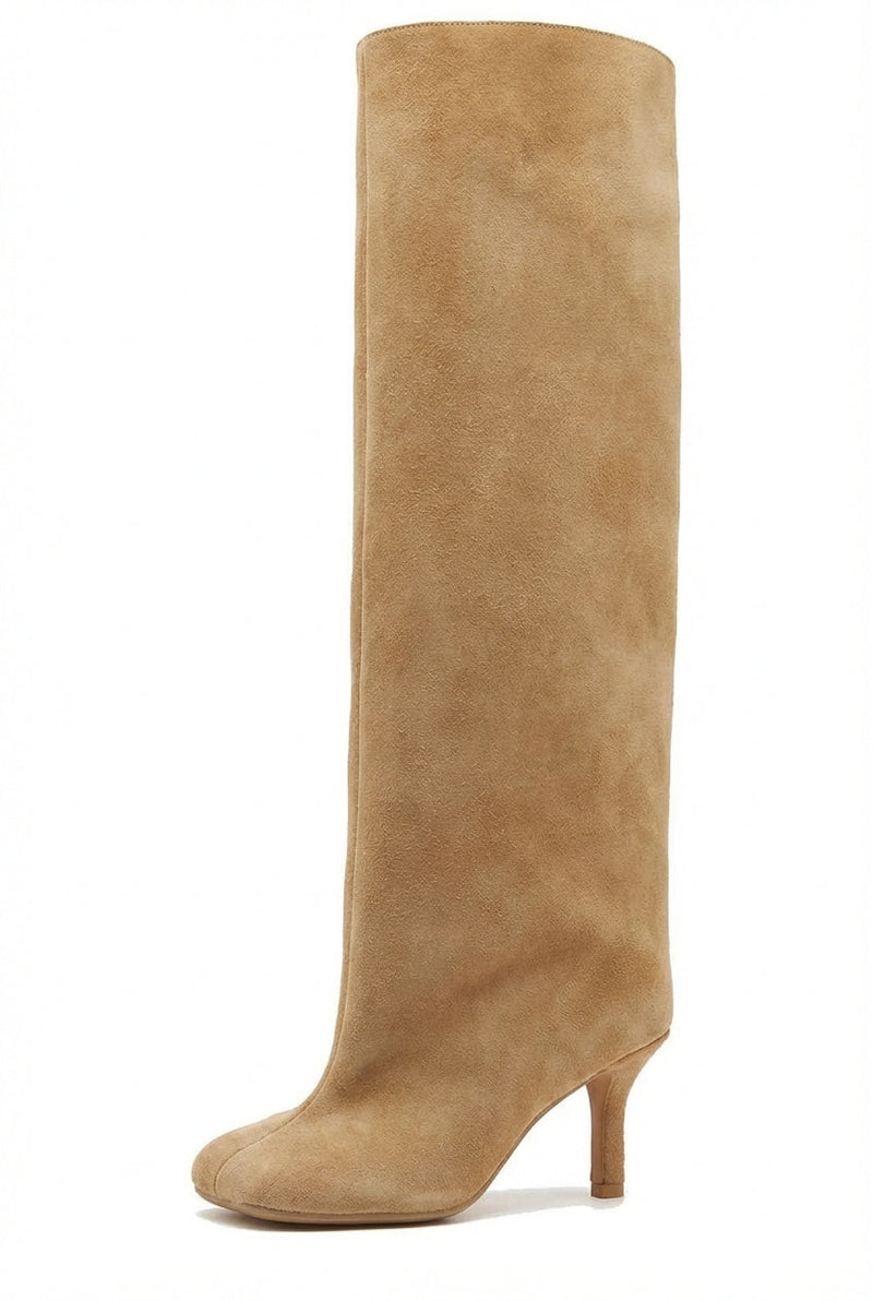 Beige Camel Slim Mid Heel High Knee Boots - Photo 1