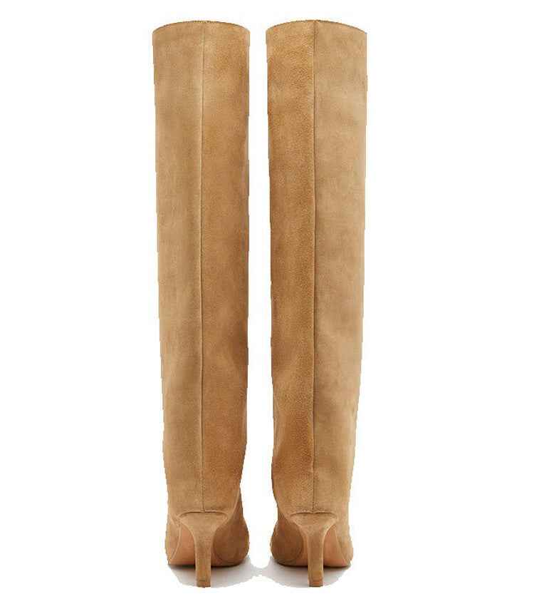 Beige Camel Slim Mid Heel High Knee Boots - Photo 2