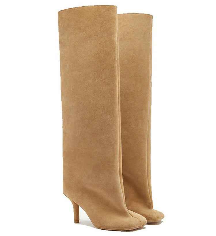 Beige Camel Slim Mid Heel High Knee Boots - Photo 3