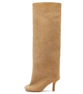Beige Camel Slim Mid Heel High Knee Boots - Photo 5