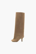 Beige Camel Slim Mid Heel High Knee Boots - Photo 6