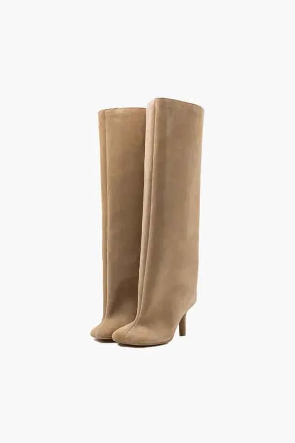 Beige Camel Slim Mid Heel High Knee Boots - Photo 7