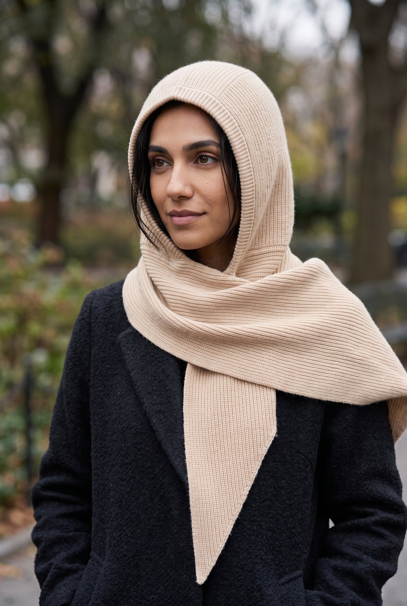 Cashmere Hooded Scarf Balaclava in Beige — lifestyle