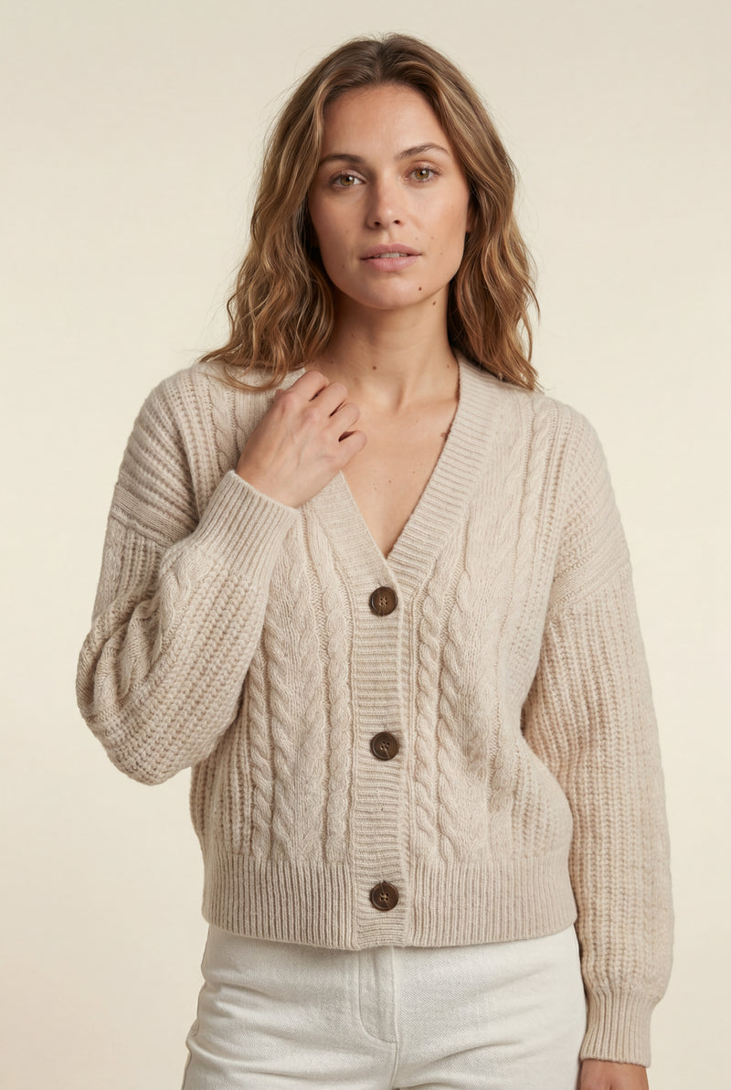 Beige Chunky Cable Oversized Button Cardigan Sweater - Oversized sweater - Photo 1