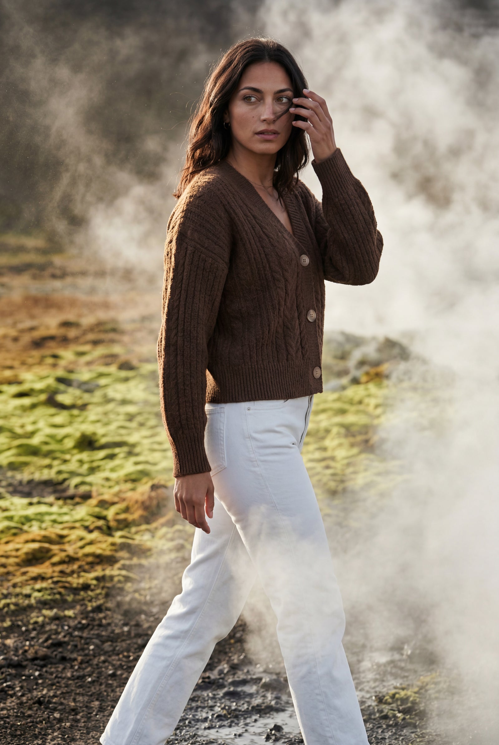 Brown Chunky Cable Oversized Button Cardigan Sweater - Oversized sweater - Photo 7