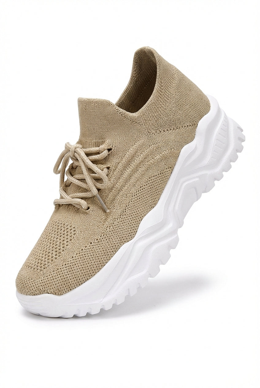 Beige Chunky Sole Lace-up Sock Sneakers - Photo 1
