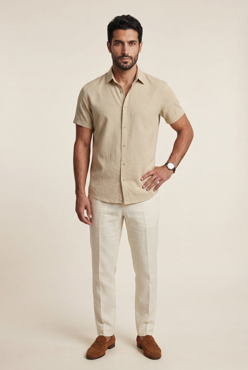 Beige Classic Collar Short Sleeve Relaxed Fit Shirt - Casual shirts - Photo 2