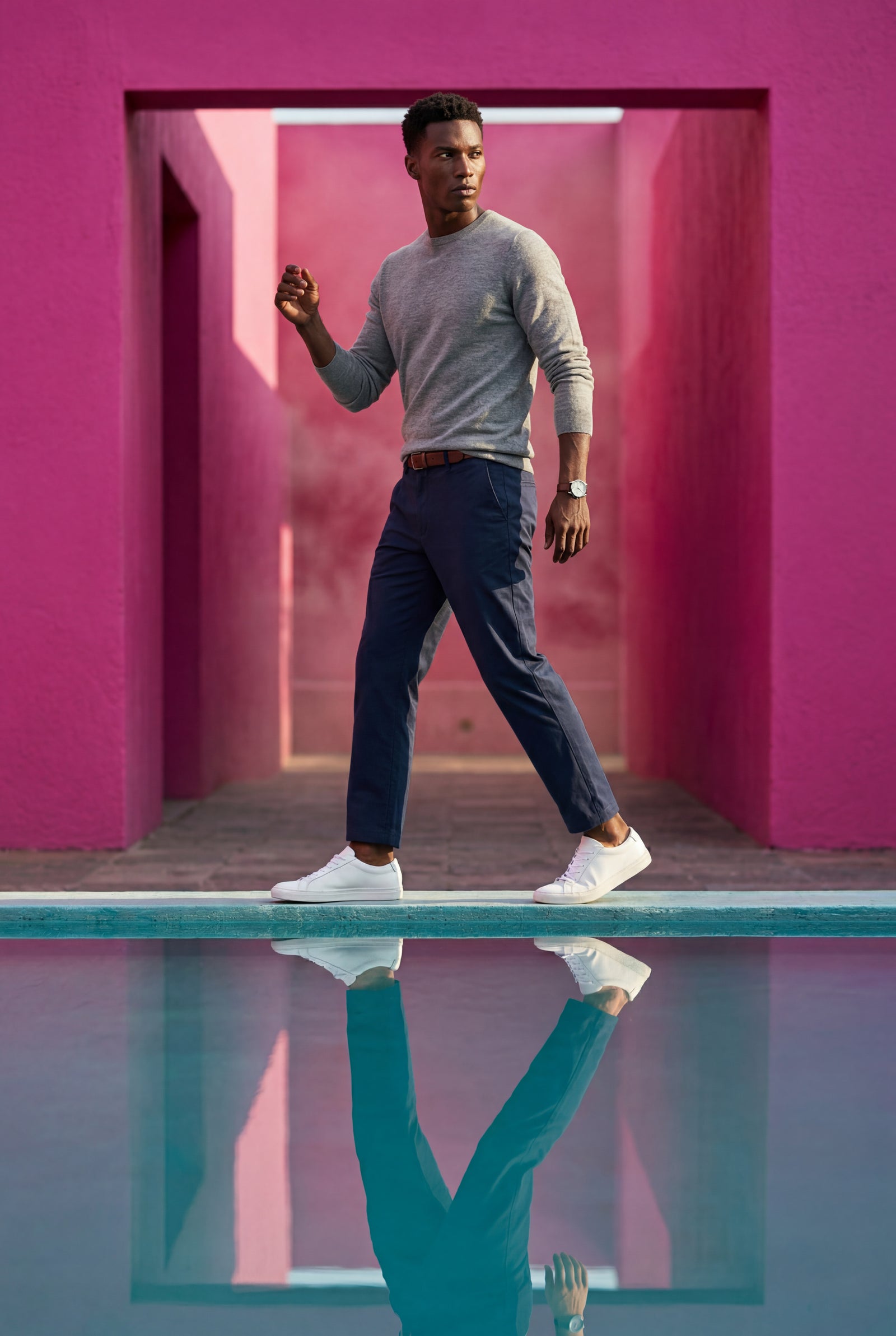 Navy Blue Classic Straight Leg Chino Trousers with Tailored Detailing - Photo 16