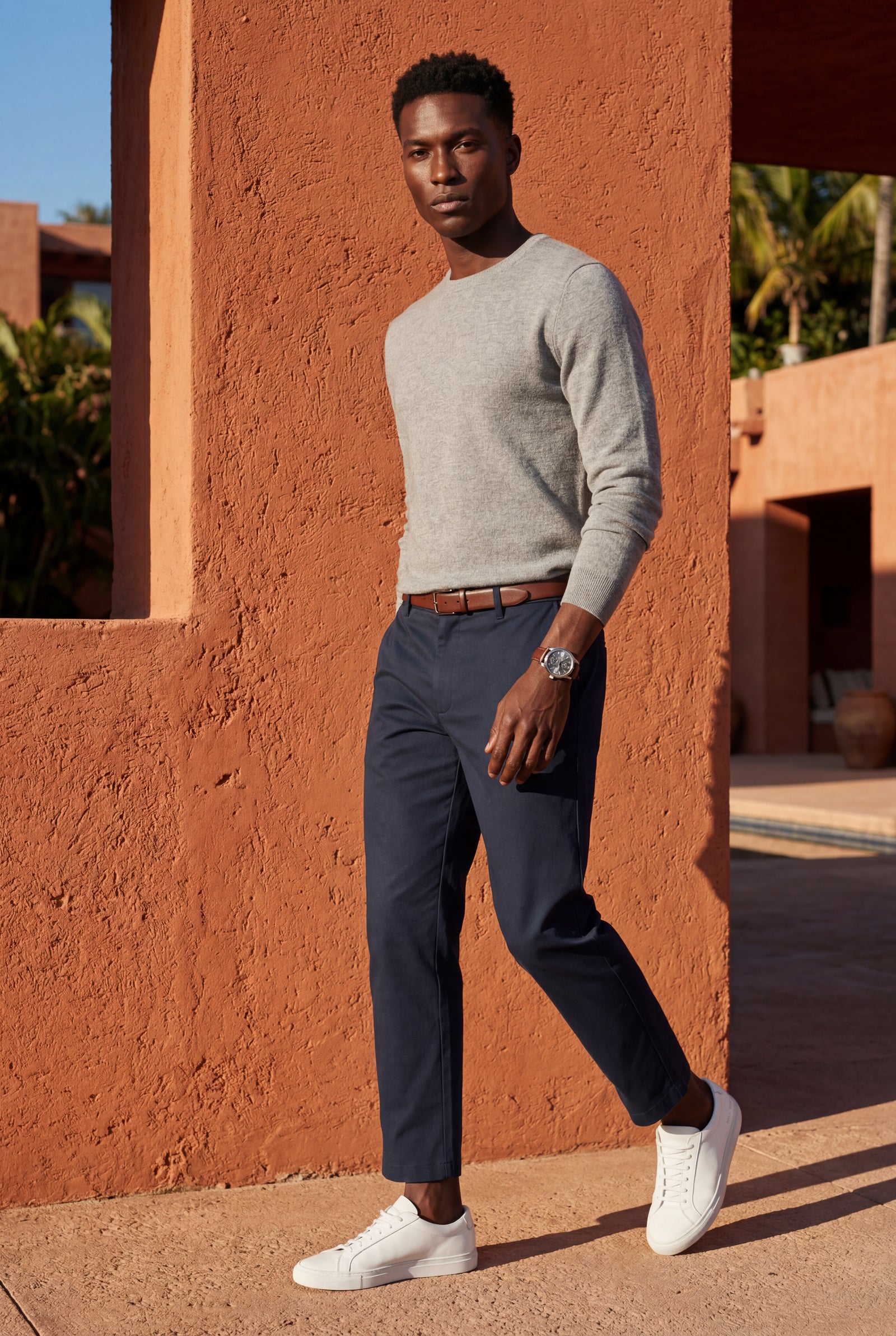 Navy Blue Classic Straight Leg Chino Trousers with Tailored Detailing - Photo 9