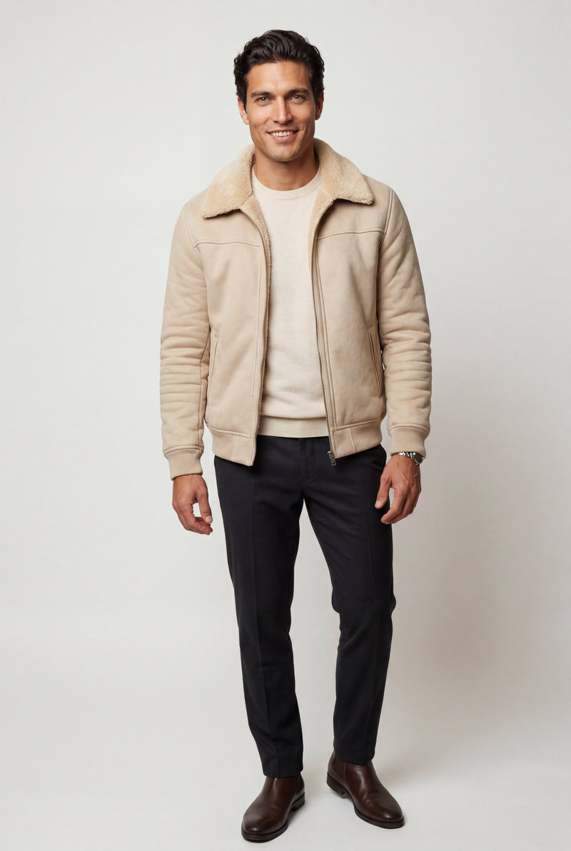 Beige Collar Bomber Jacket with Ribbed Sleeves - Winter jackets - Photo 4
