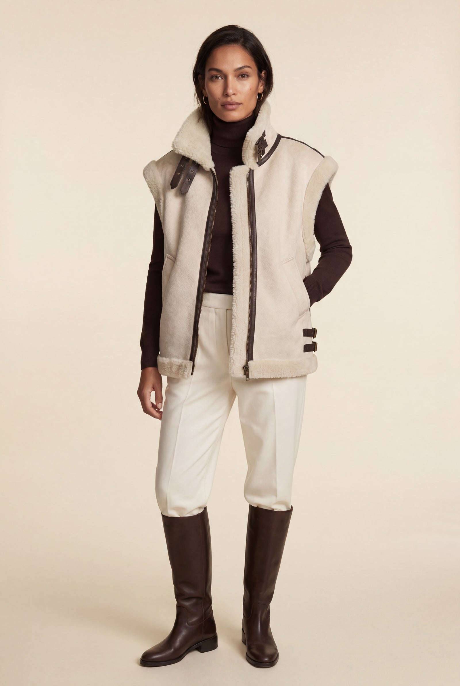 Beige Collar Sleeveless Aviator Vest with Plush Trim - Aviator vests - Photo 5