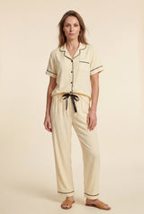Beige Contrast Piping Short Sleeve Pajama Set with Bow Waistband - Photo 1