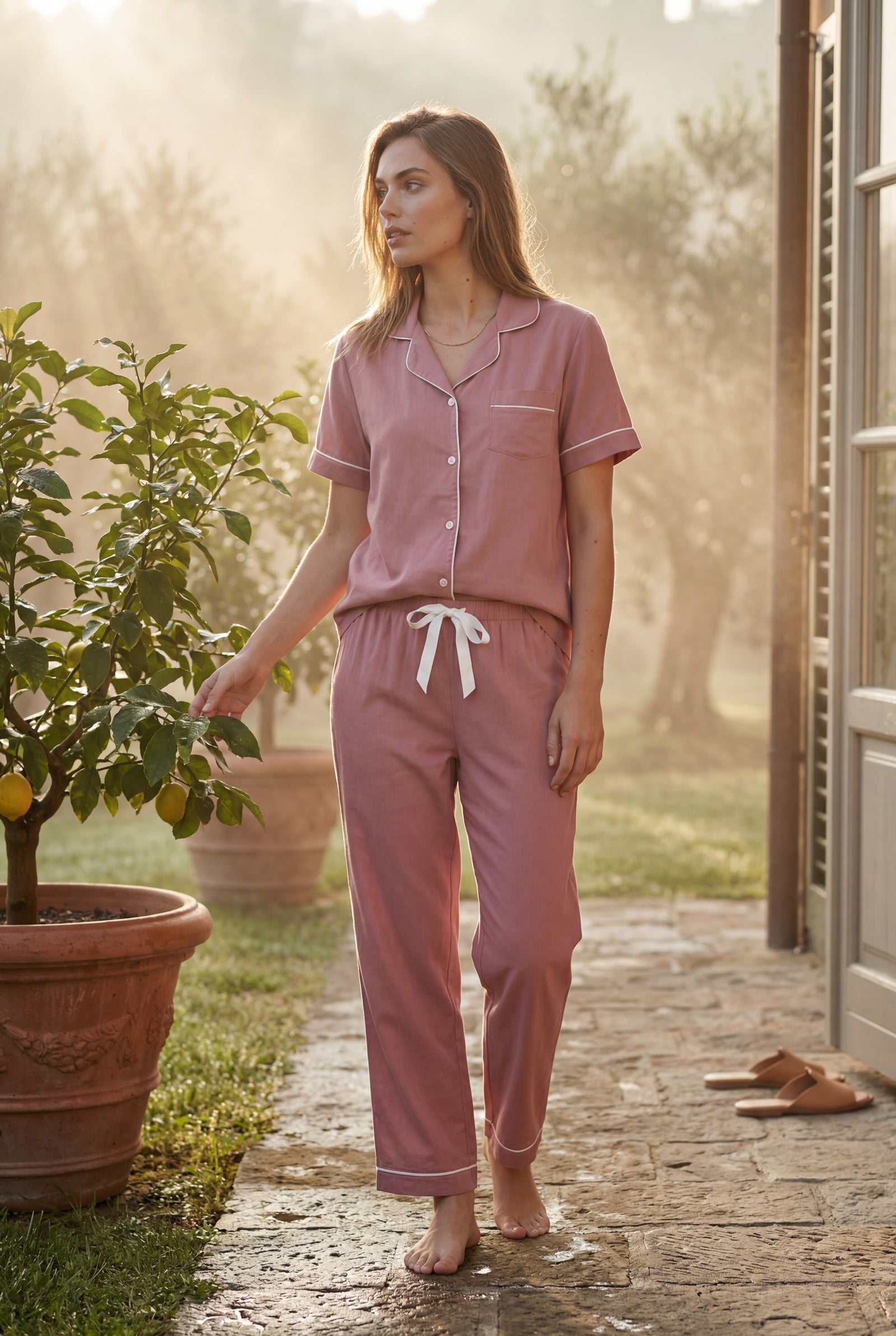 Pink Contrast Piping Short Sleeve Pajama Set with Bow Waistband - Photo 11