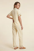 Beige Contrast Piping Short Sleeve Pajama Set with Bow Waistband - Photo 3