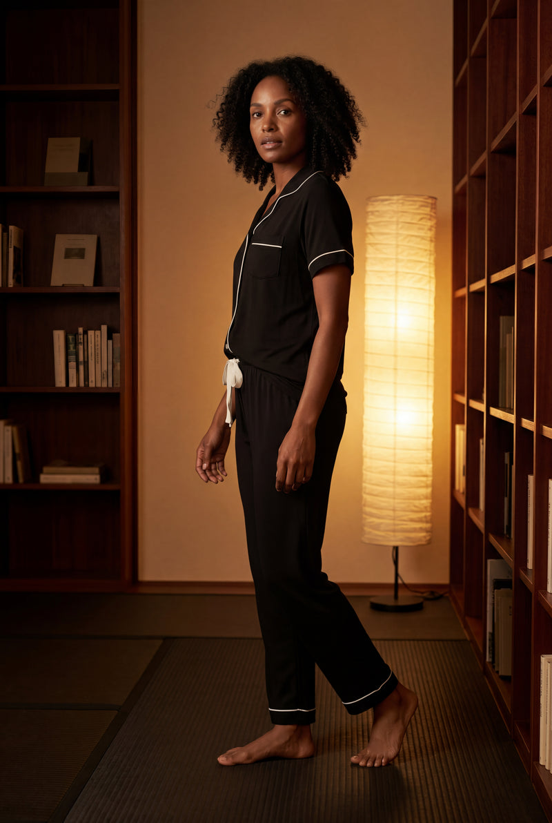 Black Contrast Piping Short Sleeve Pajama Set with Bow Waistband - Photo 4
