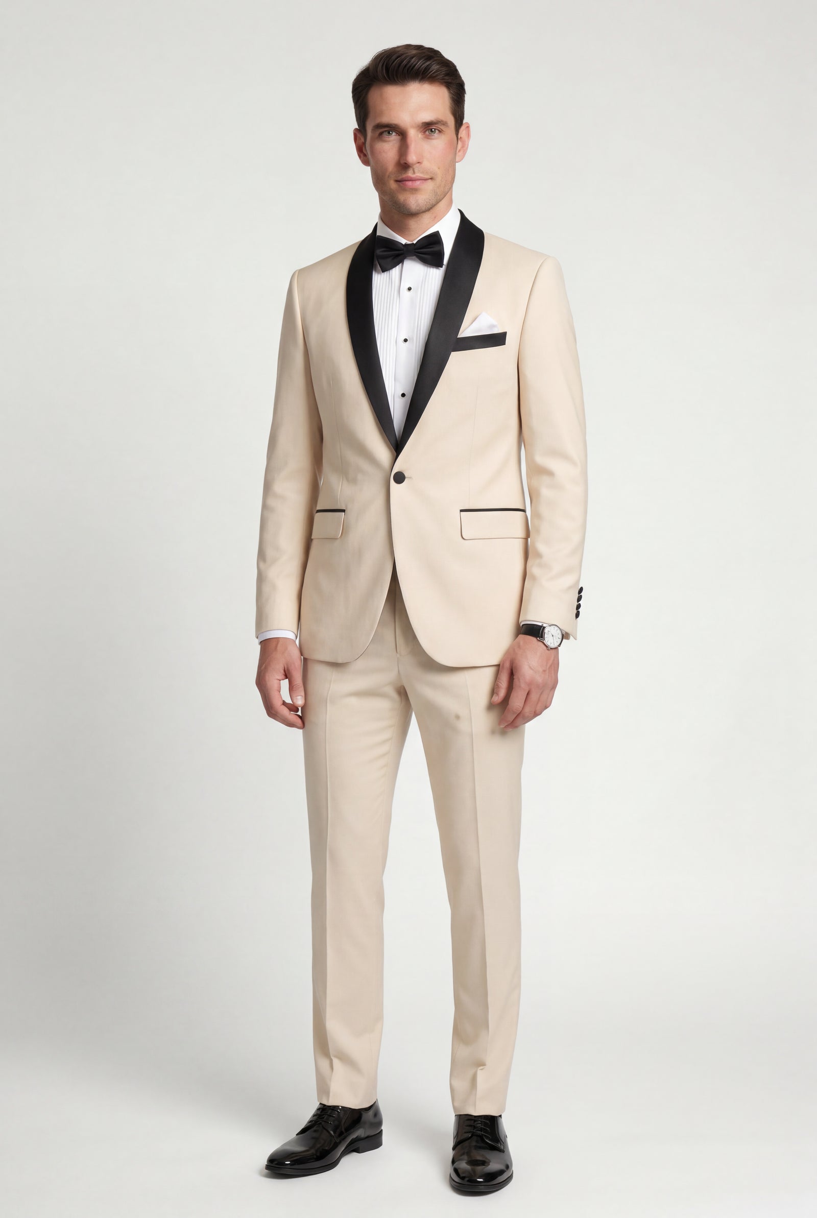 Beige Contrasting Shawl Lapel Tuxedo Suit - Wedding suit - Photo 1