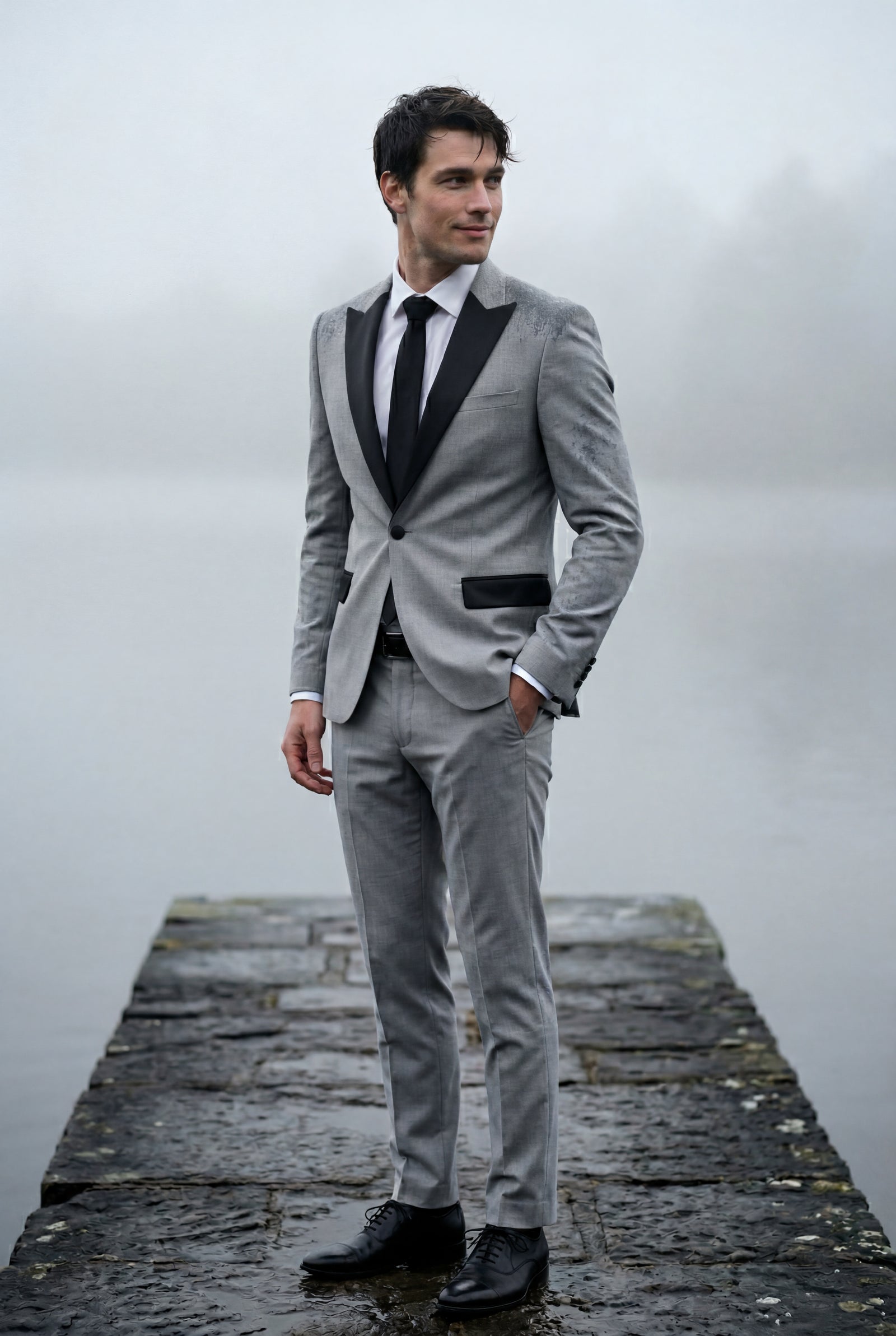 Gray Contrasting Shawl Lapel Tuxedo Suit - Wedding suit - Photo 10